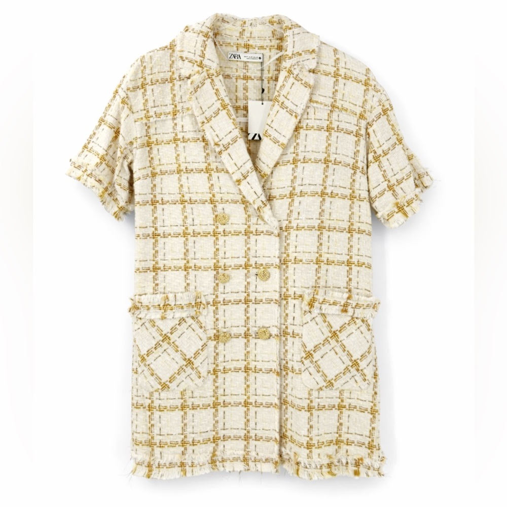 Zara Cream and Gold Plaid Jacket Dress - Size Medium - Picture 2 of 2